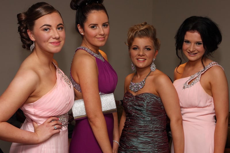 Posing for the camera on their arrival for the Lisneal College annual formal dinner in the Everglades Hotel are (from left), Kelsie Geddis, Megan Lee, Natalie McCloskey and Emma Wray.  INLS 1248-515MT.