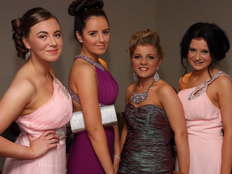 Posing for the camera on their arrival for the Lisneal College annual formal dinner in the Everglades Hotel are (from left), Kelsie Geddis, Megan Lee, Natalie McCloskey and Emma Wray.  INLS 1248-515MT.