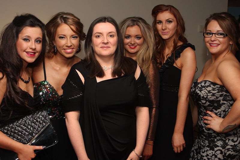 School teacher Clare Bell (third from left), with students attending  Lisneal College annual formal dinner in the Everglades Hotel.  From left, Leigh Spratt, Emma Spratt, Rachael Kennedy, Laura Kydd and Hannah Downey.   INLS 1248-518MT.