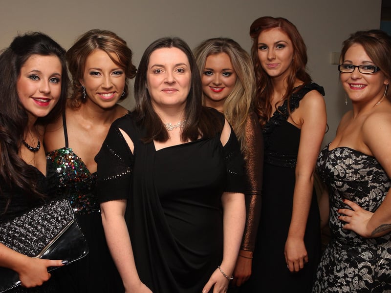 School teacher Clare Bell (third from left), with students attending Lisneal College annual formal dinner in the Everglades Hotel. From left, Leigh Spratt, Emma Spratt, Rachael Kennedy, Laura Kydd and Hannah Downey. INLS 1248-518MT.