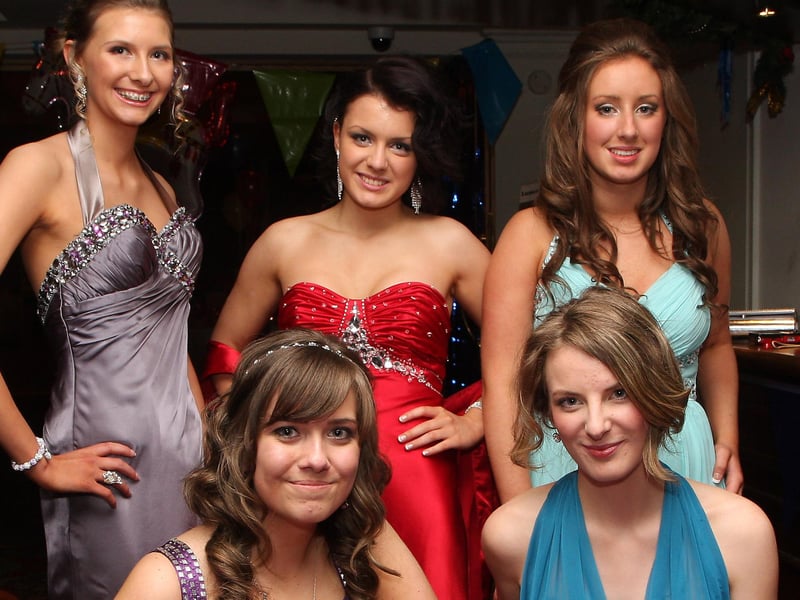 Group of students pose for the camera at Lisneal College annual formal dinner in the Everglades Hotel. From left (seated) are Jessica Martin and Lauren Black. Standing, Jasmin Kane, Amy Adams and Rachel Smyth. INLS 1248-521MT.