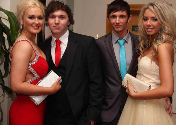Courtney Cooke and Holie Sargent, with their partners Andrew Totton and Corey Wilson, arriving for the Lisneal College annual formal dinner in the Everglades Hotel. INLS 1248-524MT.
