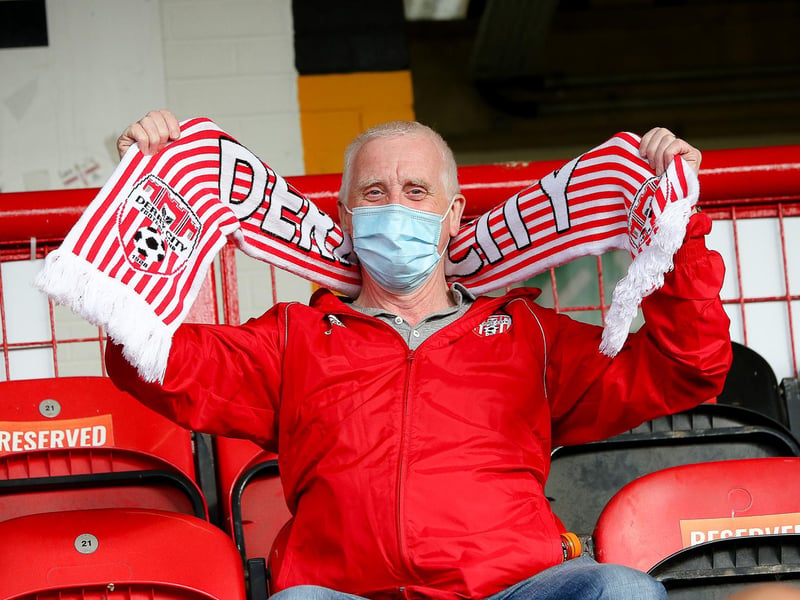 Derry City fan Vincent Dunnion showing his support in the Southend Park stand.