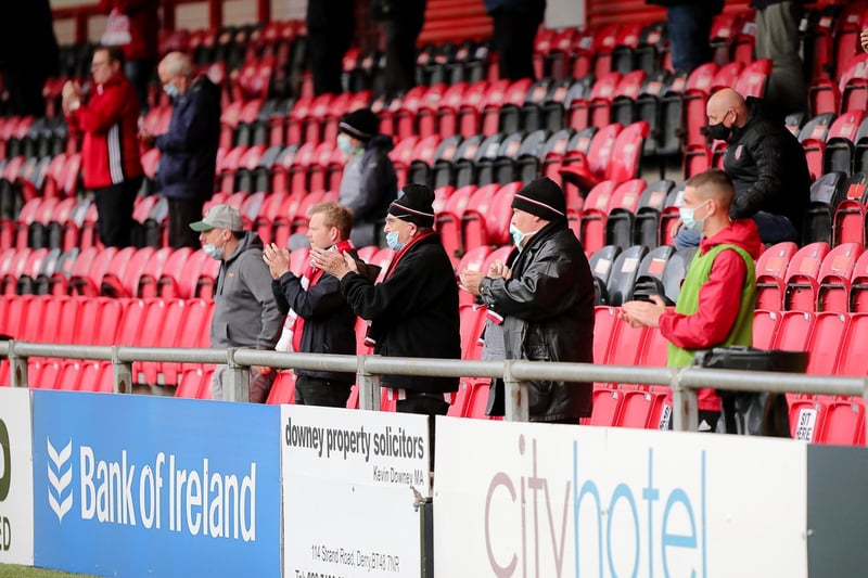 A section of Derry's support make their voices heard from the Southend Park stand
