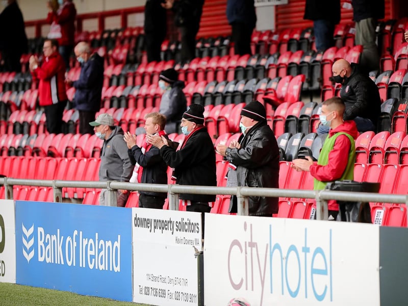 A section of Derry's support make their voices heard from the Southend Park stand