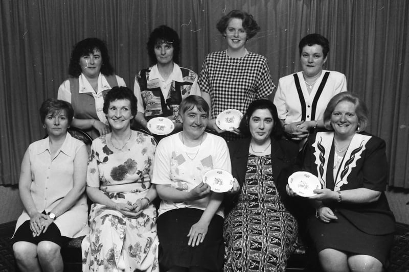 Members of the Bree Inn darts team, Malin Head, who were runners-up in the McAteer Cup, pictured at the Inishowen Ladies Darts Presentation Dunner Dance in the Ballyliffen Hotel. Seated, from left, Ann McLaughlin, treasurer, Liliy Noone, vice-chairperson, Jean Dreary, Caroline Harrigan, chairperson and Sara McLaughlin, secretary. Standing, from left, Sara Kirkland, Angela Doherty, Kathleen McKeever and Audrey Bredin.
