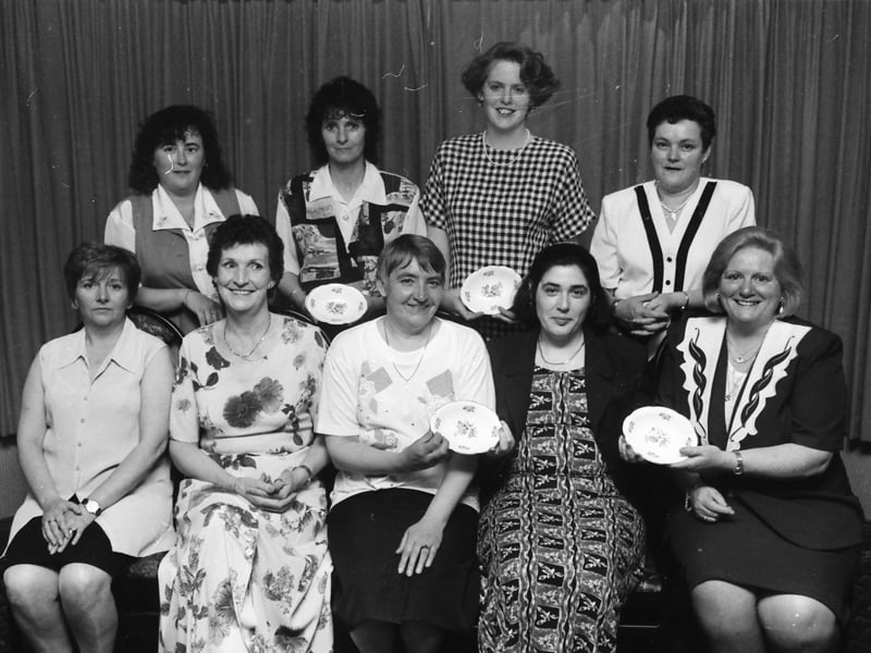 Members of the Bree Inn darts team, Malin Head, who were runners-up in the McAteer Cup, pictured at the Inishowen Ladies Darts Presentation Dunner Dance in the Ballyliffen Hotel. Seated, from left, Ann McLaughlin, treasurer, Liliy Noone, vice-chairperson, Jean Dreary, Caroline Harrigan, chairperson and Sara McLaughlin, secretary. Standing, from left, Sara Kirkland, Angela Doherty, Kathleen McKeever and Audrey Bredin.