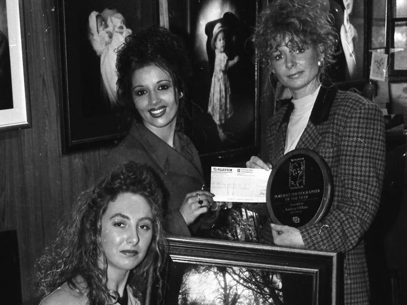 Andrea O’Hare, winner of the Fuji portrait photographer of the year, presenting a cheque of £1,000 to Andrena Nicell, who modelled in the winning print. Also pictured is Amanda Murphy, sales manager.