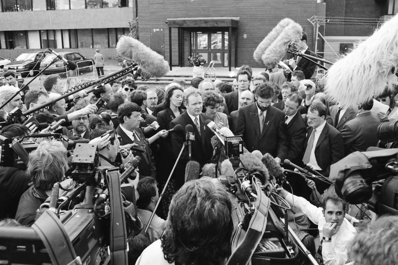 Martin McGuinness, Sinn Féin chief negotiator, addressing the press and broadcast media during peace talks in Belfast in June 1996.