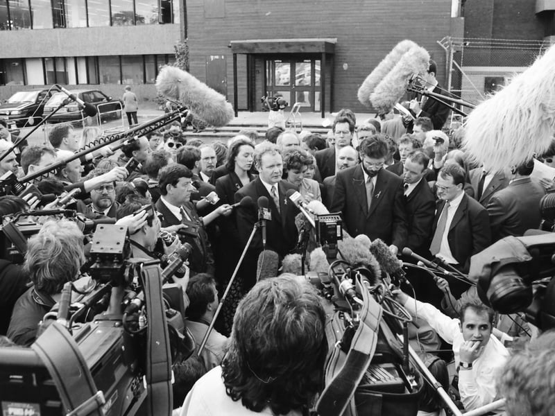 Martin McGuinness, Sinn Féin chief negotiator, addressing the press and broadcast media during peace talks in Belfast in June 1996.