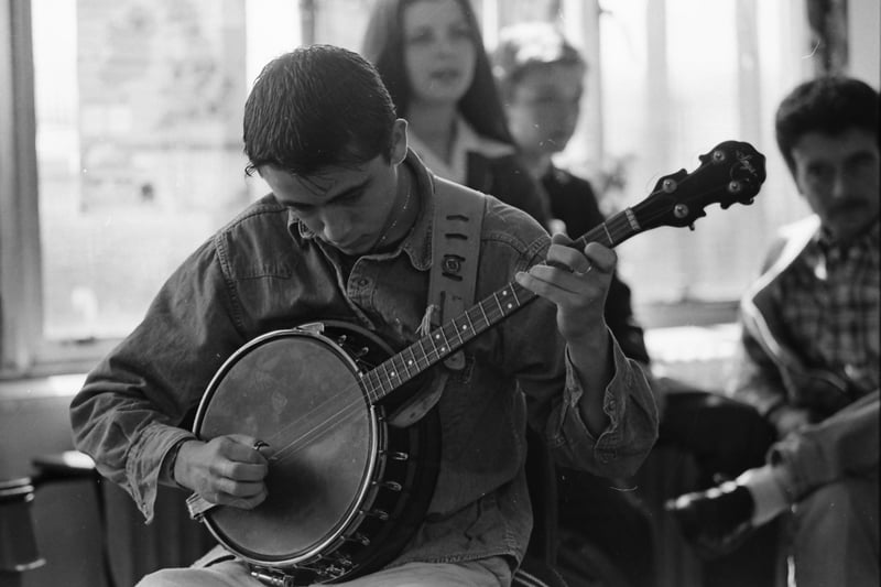Damien O’Kane impresses the judges in the Banjo competition at the Co. Derry Fleadh held in the Holy Child Primary School in June 1996.