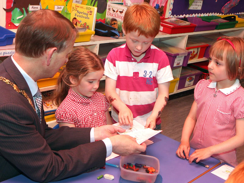 The Mayor pictured with children in class P1 on his courtesy visit to Broadbridge primary school.