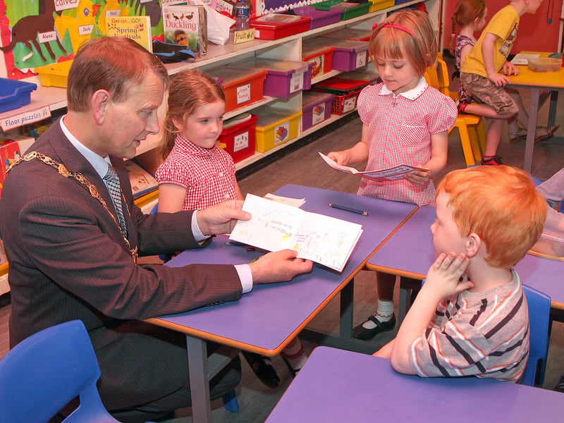 The Mayor pictured with children in class P1 on his courtesy visit to Broadbridge primary school.