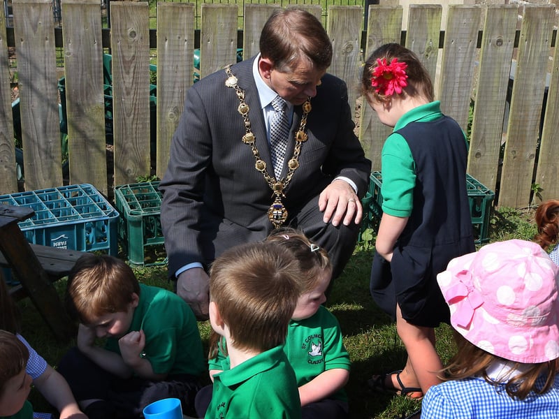 The Mayor of Derry Alderman Maurice Devenney, talking to P1 pupils and on his courtesy visit to St.Colmcille’s primary school, Claudy.