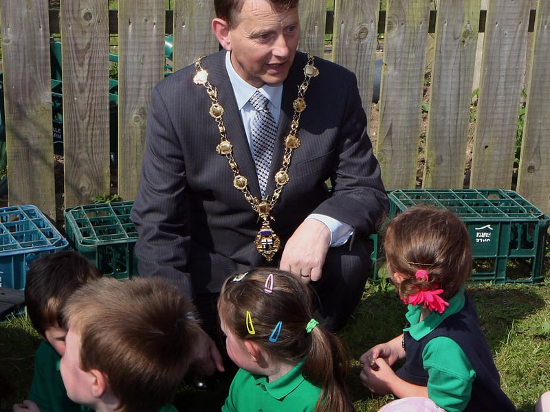The Mayor of Derry Alderman Maurice Devenney, talking to P1 pupils and on his courtesy visit to St.Colmcille’s primary school, Claudy.