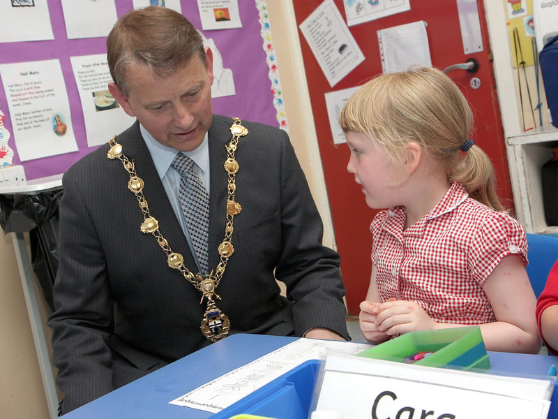 The Mayor pictured talking to children in class P1 on his courtesy visit to Broadbridge primary school.