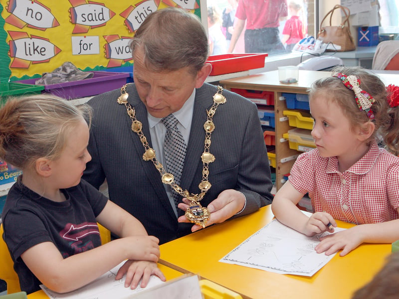 The Mayor pictured talking to children in class P1 on his courtesy visit to Broadbridge primary school.