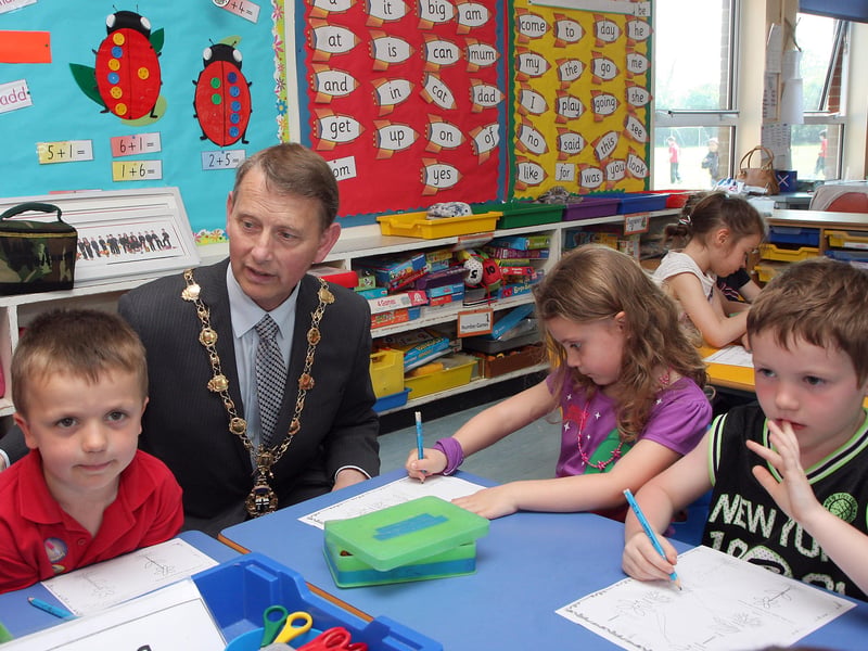 The Mayor pictured talking to children in class P1 on his courtesy visit to Broadbridge primary school.