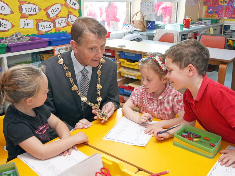 The Mayor pictured talking to children in class P1 on his courtesy visit to Broadbridge primary school.