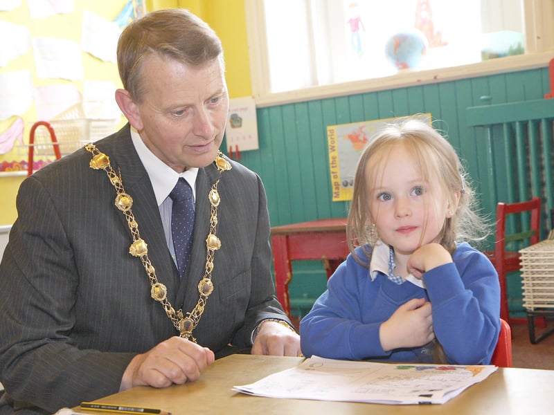 The Mayor of Derry Alderman Maurice Devenney, pictured with P1 pupil Eva Barbour, during his courtesy visit Nazareth House primary school.
