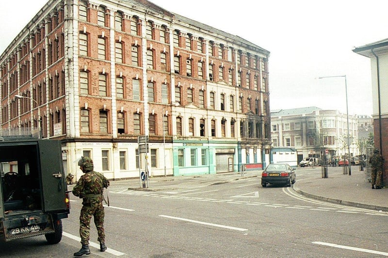 British soldiers at the junction of Gt. James Street and Little James Street the day after a night's rioting.