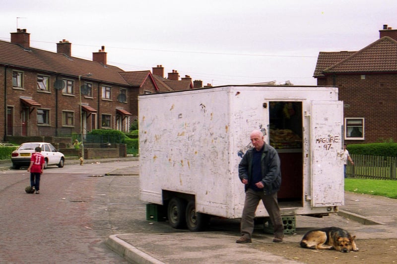 Pious McCairn leaves mobile shop at Leenan Gardens in 1997.