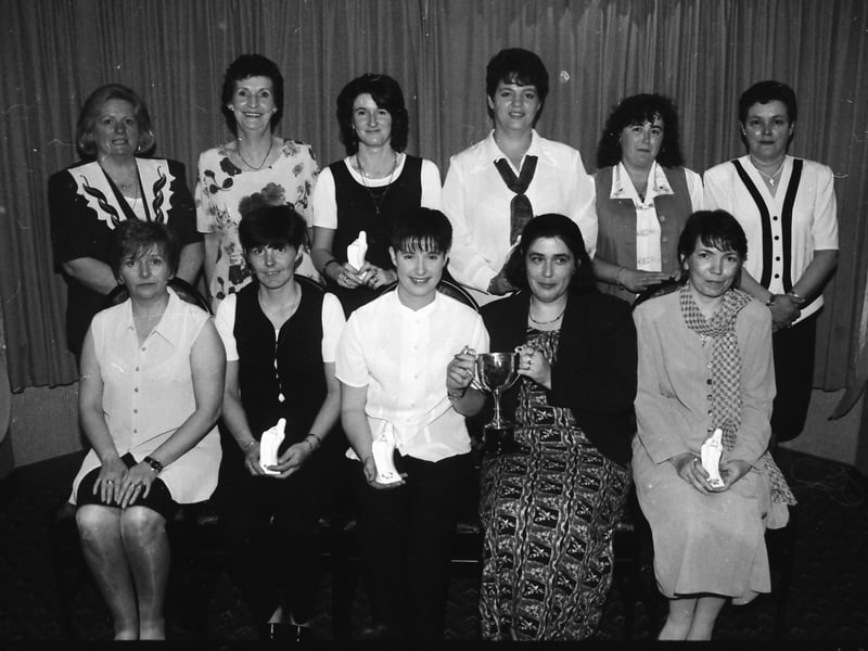 Members of the Inishowen Ladies Darts Committee pictured with members of the Fisherman’s Bar, Glengad, winners of the McAteer Cup. Seated, from left, are Ann McLaughlin, treasurer, Jackie McColgan, Finola McColgan, Caroline Harrigan, chairperson, and Marjorie McDaid. Standing, from left, are Sara McLaughlin, secretary, Lily Noone, vice-chairperson, Pauline McColgan, Melissa Kelly, Sarah Kirkland and Audrey Bredin.