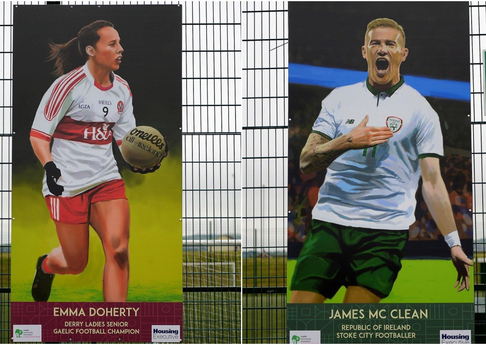 LEFT: Emma Doherty sporting hero portrait by local artist Joe Campbell at the Leafair Well-Being Village. DER2125GS - 038RIGHT: James McClean sporting hero portrait by local artist Joe Campbell at the Leafair Well-Being Village. DER2125GS - 029