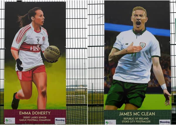 LEFT: Emma Doherty sporting hero portrait by local artist Joe Campbell at the Leafair Well-Being Village. DER2125GS - 038
RIGHT: James McClean sporting hero portrait by local artist Joe Campbell at the Leafair Well-Being Village. DER2125GS - 029