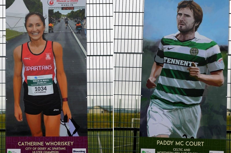 LEFT: Catherine Whoriskey sporting hero portrait by local artist Joe Campbell at the Leafair Well-Being Village. DER2125GS - 035
RIGHT: Paddy McCourt sporting hero portrait by local artist Joe Campbell at the Leafair Well-Being Village. DER2125GS - 032