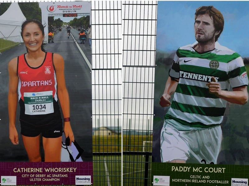 LEFT: Catherine Whoriskey sporting hero portrait by local artist Joe Campbell at the Leafair Well-Being Village. DER2125GS - 035
RIGHT: Paddy McCourt sporting hero portrait by local artist Joe Campbell at the Leafair Well-Being Village. DER2125GS - 032