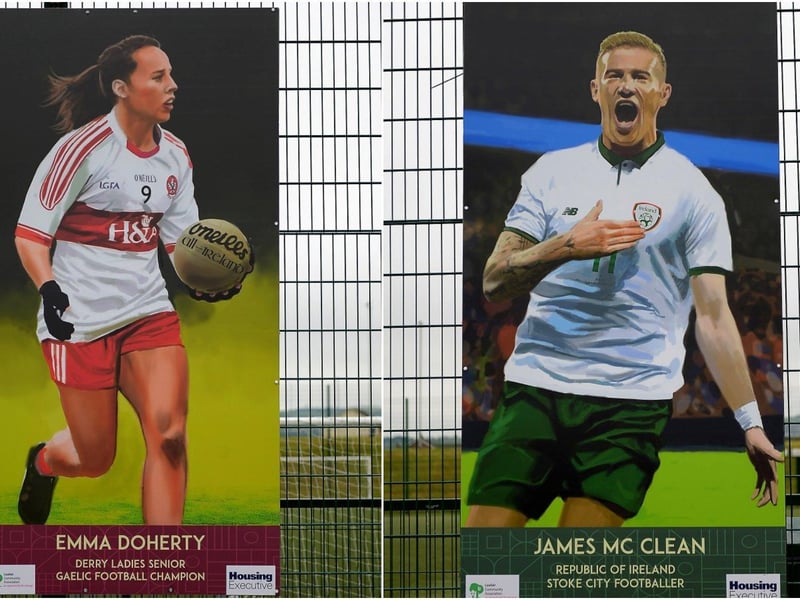 LEFT: Emma Doherty sporting hero portrait by local artist Joe Campbell at the Leafair Well-Being Village. DER2125GS - 038
RIGHT: James McClean sporting hero portrait by local artist Joe Campbell at the Leafair Well-Being Village. DER2125GS - 029