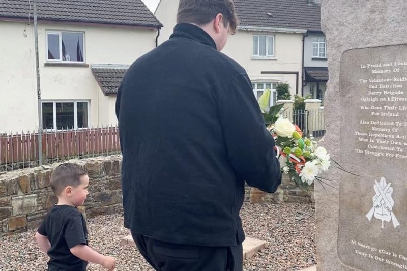 Patrick Maguire, nephew of Vol. Charles ‘Pop’ Maguire lays a wreath. Charles was shot dead by undercover British soldiers at the bottom of Southway on May 28, 1981.