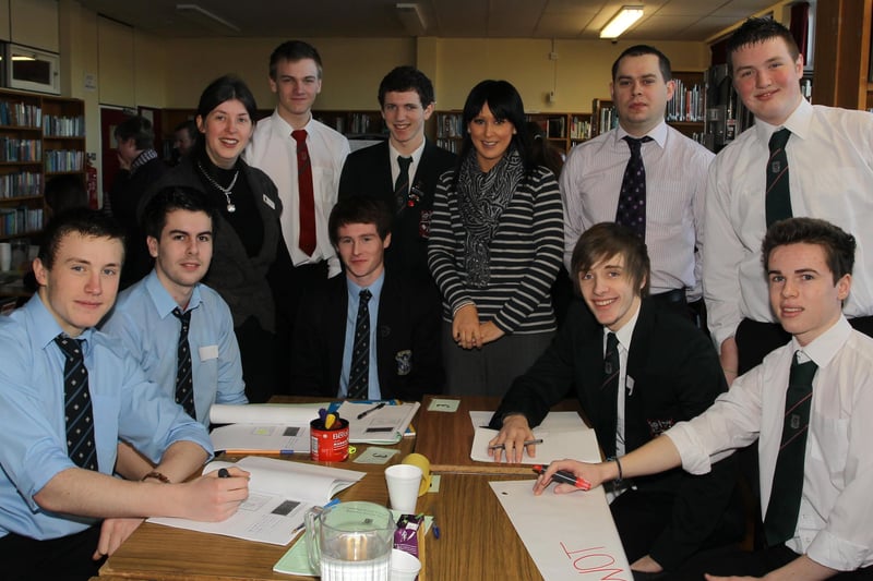 Students from Cambridge House and St Louis Grammar Schools who took part in an A Level Business Studies workshop as part of the 'Sharing Education Partnership'. Seen here with teachers Mrs Proctor, Miss Darragh and Mr Morgan are Adam Wright, Gary Robinson, Ross Gamble, Mark Taggart, Stephen Houston, Ciaran Shannon, Ryan Doherty and Paddy Martin. INBT 04-100JC