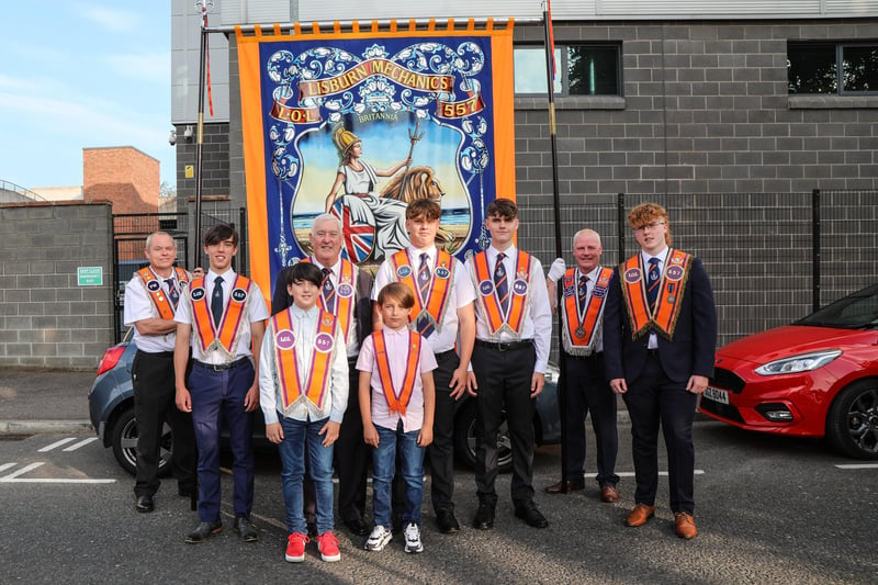 John Macklin Past Master LOL557 with his six grandsons before the July  1 Parade. Also included are Davy Beck and Clark Hanna LOL557. Pic by Norman Briggs, rnbphotography ni