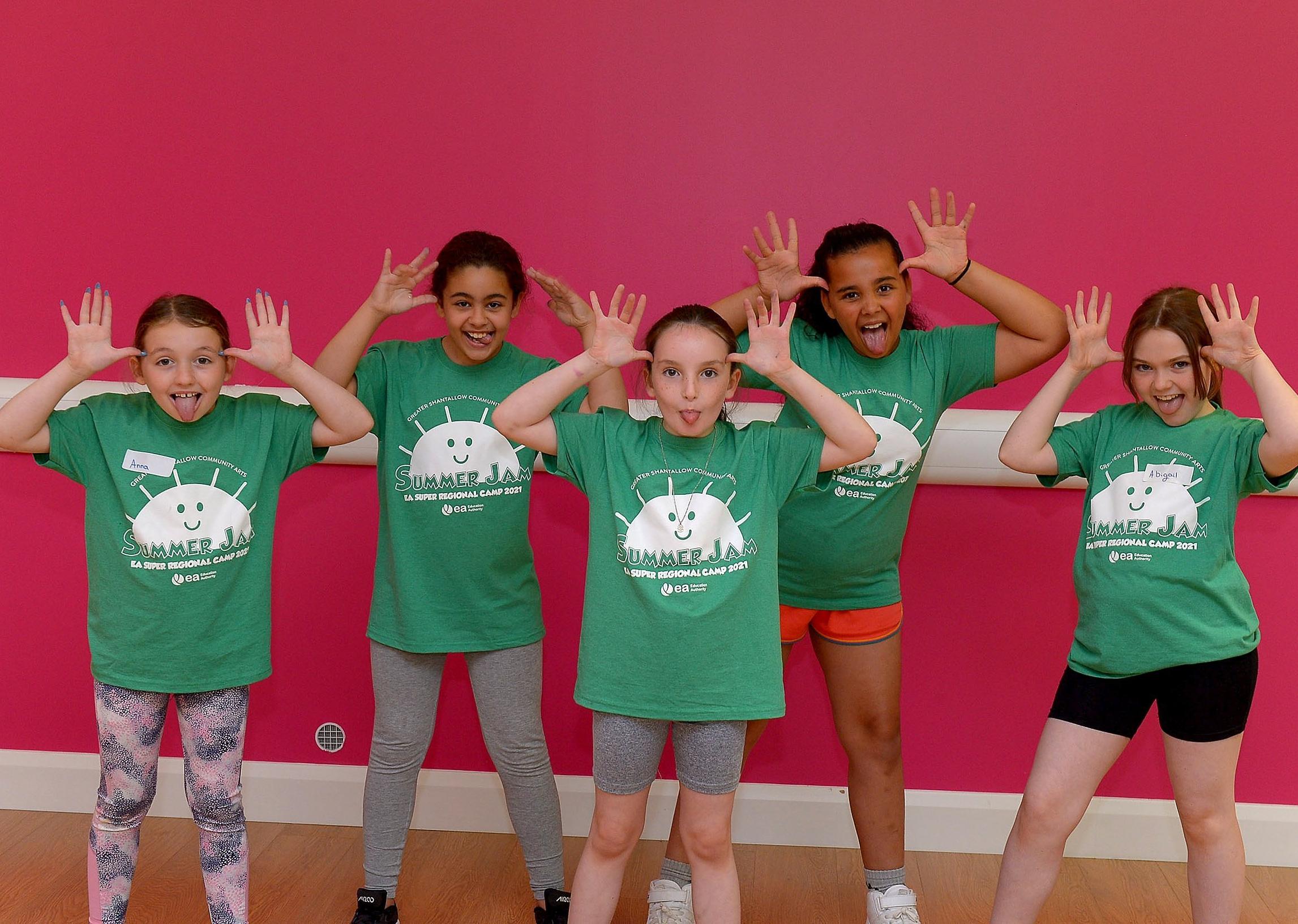 Anna, Olivia, Lailah, Sophia and Abigail pictured during rehearsals at the Studio 2 Annie themed Summer Scheme pictured earlier this week. Photos: George Sweeney DER2127GS - 016