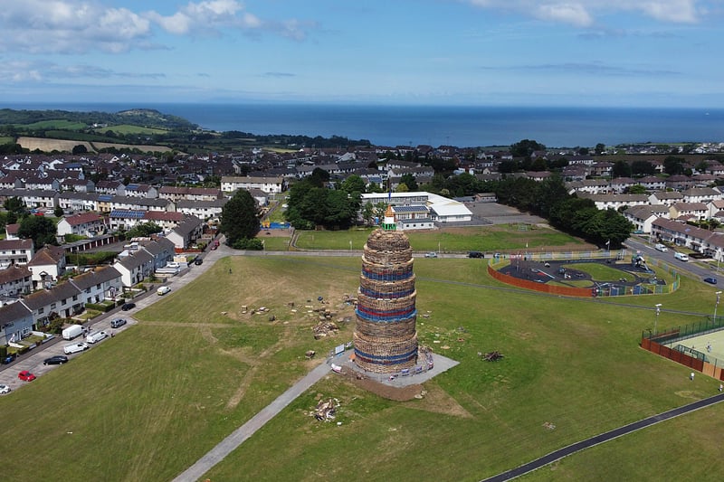 Craigyhill bonfire in Larne nears completion ahead of this weekend's celebrations. Picture: Arthur Allison/Pacemaker.