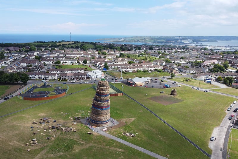 The Craigyhill bonfire towers over the landscape in Larne.
Picture: Arthur Allison/Pacemaker.