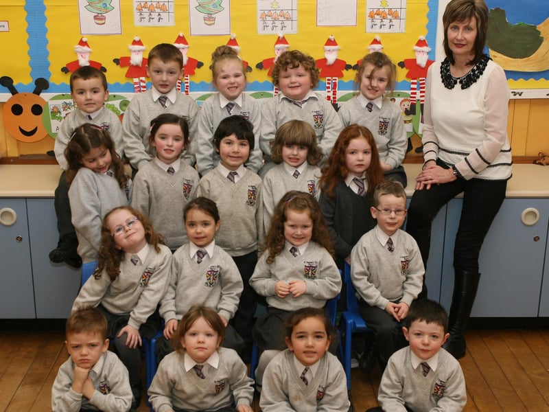 Mrs. Herron with her P1 class at St. Eugene's Primary School, Derry. DER5013JM070