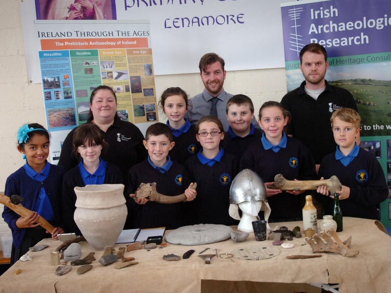 Back row, from left, Leanne Heany, Gavin Donaghy and Cormac Duffy from Irish Archaeological Research visit St Therese's Primary School for an educational talk and to display artifacts found in Ireland and beyond, part of their programme to visit schools throughout Derry and Inishowen. Included are pupils, from left, Sorena, Rachel, Keelan, Ellie, Shanice, Dillan, Sarah-Lee and Kiernan. (DER4013PG196)