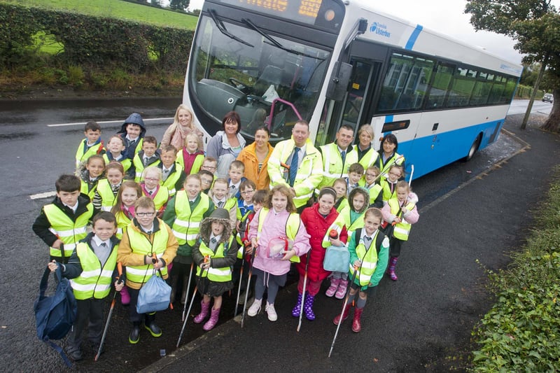 LITTER PICK-UP. . . Primary 3 and 4 pupils from Glendermott Primary School, Ardmore, who travelled to Ness Woods on Thursday to conduct a litter pick, in conjunction with Translink, as part of their Tidy Translink Programme and their Biodiversity/Environmental Initiative, with sponsors from Derry City Council and McDonalds. Pictured, back from left are, Julie Kelly (Teacher), Linda McLaughlin (Classroom Assistant), Shiela Walker (Classroom Assistant), and from Translink, Raymond Edwards, Gavin McShane, Rose Edwards and Marie Baird. 0910-GMI-01
