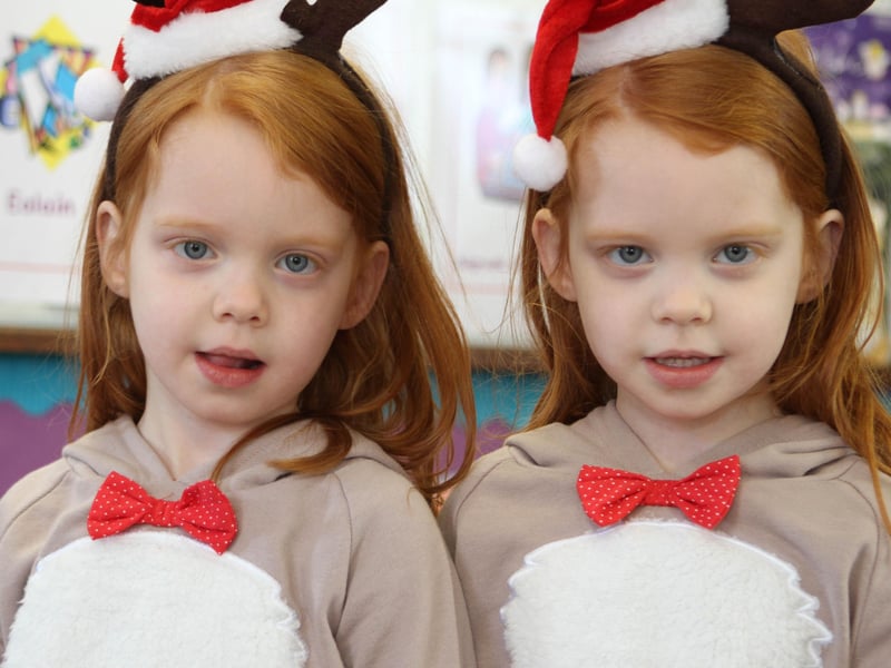 Bunscoil Colmcille pupils Kayla and Leia in their Reindeer costumes during the schools Chirstmas dress day. (DER5013JB005)