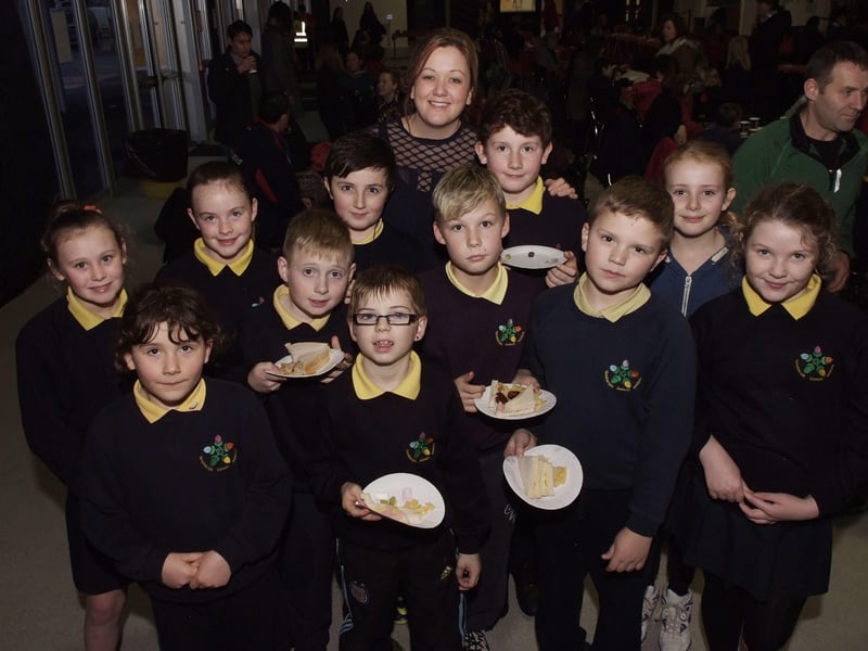 Pupils from Gaelscoil Eadain Mhoir who enjoyed the Lumiere launch party in The Venue. Included is Mary NicAilin, Principal. INLS4913-230KM