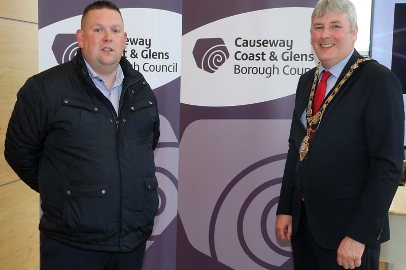 Mayor of Causeway Coast and Glens Borough Council, Councillor Richard Holmes with recipient of this year’s Enterprise Fund, Adrian Mullan from Customised Prints and Embroidery, Ballykelly