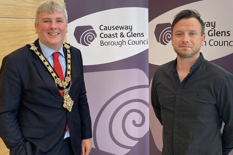 Mayor of Causeway Coast and Glens Borough Council, Councillor Richard Holmes with recipient of this year’s Enterprise Fund, Neil McGavock of Powered EVNI, Portstewart
