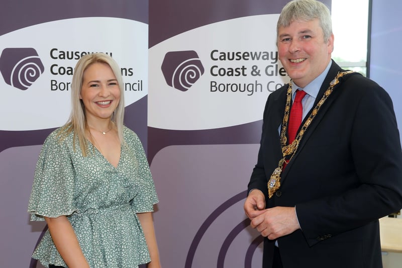 Mayor of Causeway Coast and Glens Borough Council, Councillor Richard Holmes with recipient of this year’s Enterprise Fund, Charlotte Smyth from Charlotte Smyth Art, Limavady