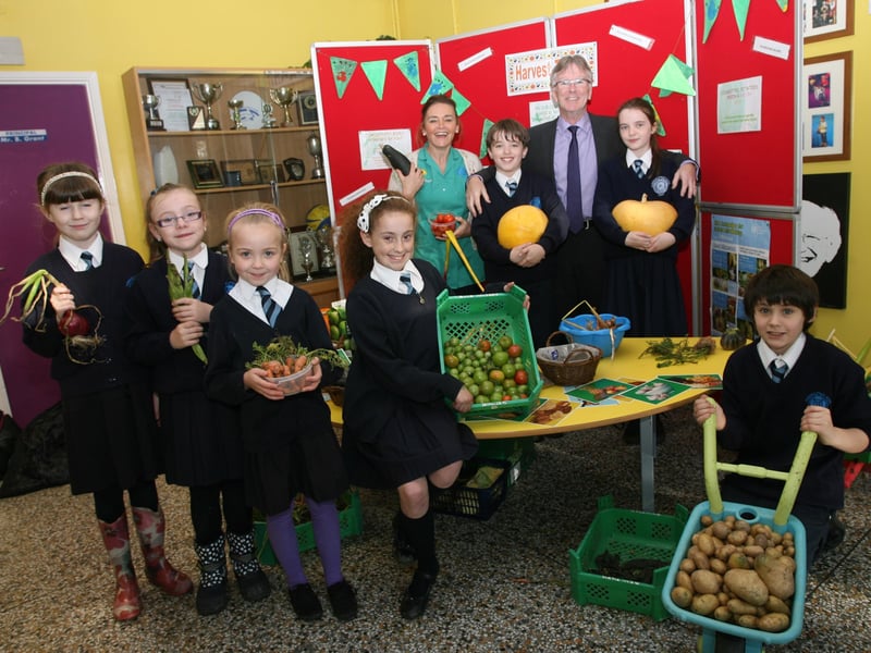 HARVEST FAYRE. . . .Mr. Brendan Grant, Principal, Rosemount PS, pictured with Mrs. Teresa McKeever, Gardener and pupils at the school's Harvest Fair Stall on Thursday. Included from left are Leia Doherty, Chloe Walker, Claire Harkin, Holly Edgar, Matthew Devine, Bronagh Downey and Shaun Doherty. DER4313JM030
