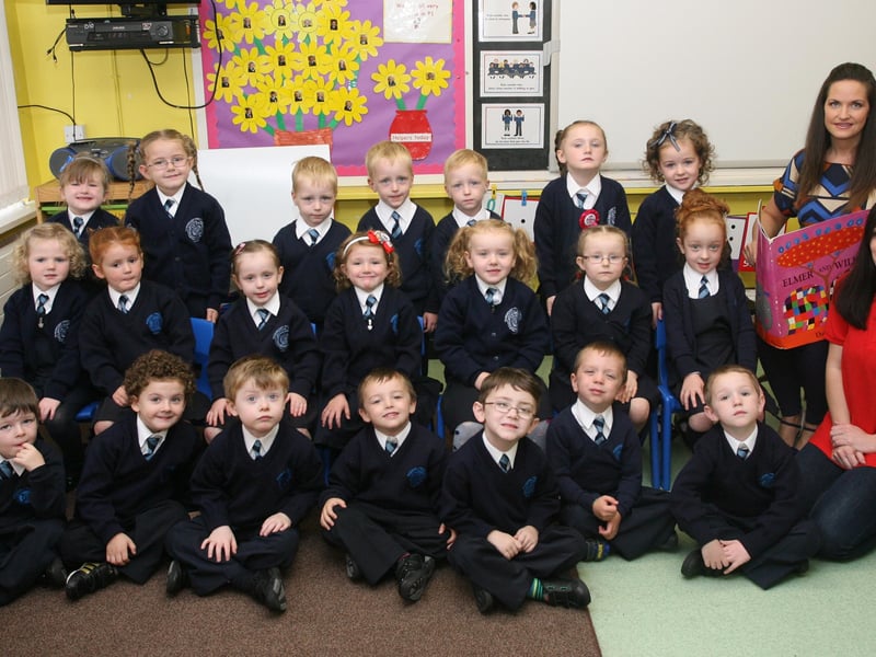Mrs. Burton's P1 class at Rosemount PS. At front on left is Miss McFarland, Classroom Assistant. DER3713JM021