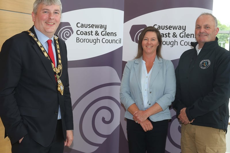 Mayor of Causeway Coast and Glens Borough Council, Councillor Richard Holmes with recipients of this year’s Enterprise Fund, Ian McKnight and Fiona Bryant of White River Charters Ltd, Coleraine