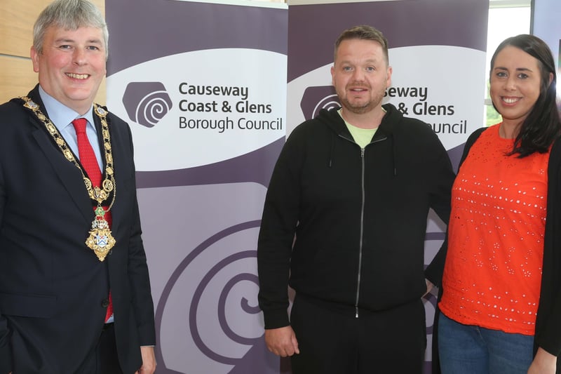 Mayor of Causeway Coast and Glens Borough Council, Councillor Richard Holmes with recipients of this year’s Enterprise Fund William and Emily Davidson of Steel Yard Café, Ballymoney